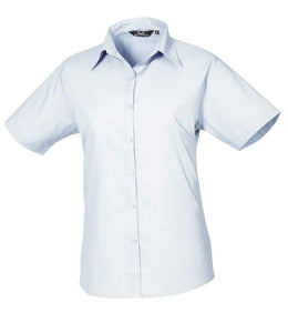 Ladies Short Sleeve Poplin Blouse - Light Blue